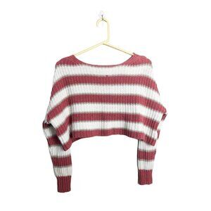 American Eagle Striped Knit Cropped Sweater Pink Cream Small Womens